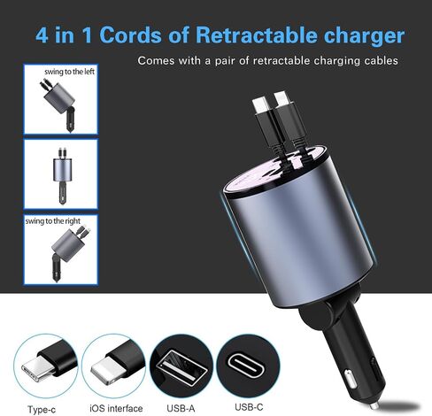 Retractable Car Charger, 66W 4 in 1 Super Fast Charging Car Phone Charger with 2 Retractable 31.5 Inch Cables and 2 USB Ports for iPhone 15/14/13/12/11, Galaxy, Pixel（C） in Saudi Arabia