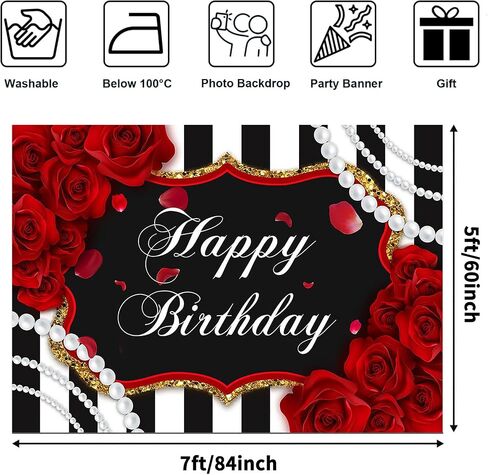 Avezano Red Rose Birthday Backdrop for 7x5ft Red Roses Flowers Pearl Black and White Stripes Happy Birthday Photography Background for Girl Women Decorations Banner Photo Booth Supplies in Kuwait