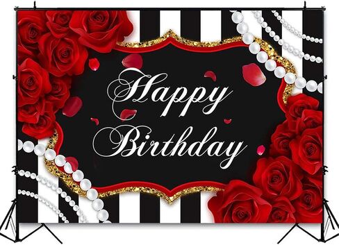 Avezano Red Rose Birthday Backdrop for 7x5ft Red Roses Flowers Pearl Black and White Stripes Happy Birthday Photography Background for Girl Women Decorations Banner Photo Booth Supplies in Kuwait