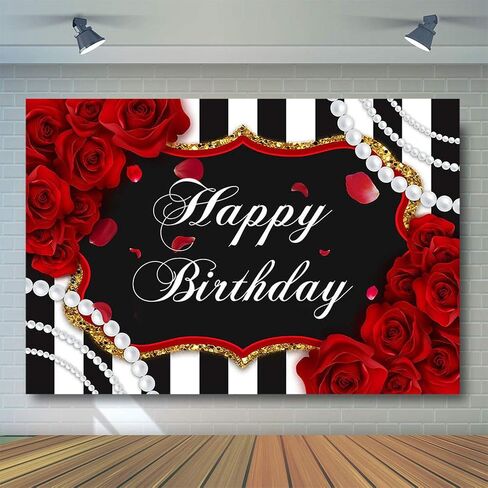 Avezano Red Rose Birthday Backdrop for 7x5ft Red Roses Flowers Pearl Black and White Stripes Happy Birthday Photography Background for Girl Women Decorations Banner Photo Booth Supplies in Kuwait