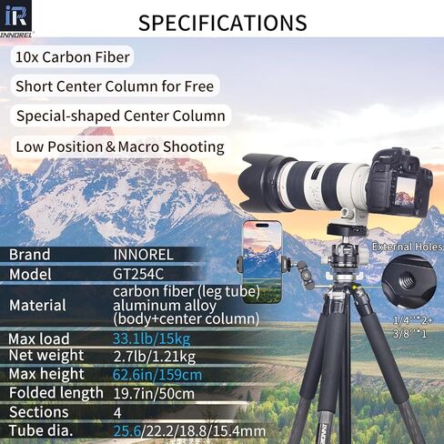 Carbon Fiber Tripod-INNOREL GT254C Professional Camera Tripod Compact Portable Tripod for Digital DSLR Camera 4-Section Travel Camera Stand Support with Special-Shaped Center Column Load 33lb/15kg in Saudi Arabia