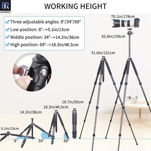 Carbon Fiber Tripod-INNOREL GT254C Professional Camera Tripod Compact Portable Tripod for Digital DSLR Camera 4-Section Travel Camera Stand Support with Special-Shaped Center Column Load 33lb/15kg in Saudi Arabia