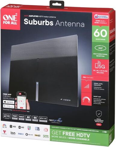 One for All 16472 HDTV 1080p هوائي تلفزيون داخلي مضخم نطاق 50 ميل مع استقبال متعدد الاتجاهات، كابل محوري 8 أقدام ومؤشر مستوى الإشارة - أسود in Kuwait