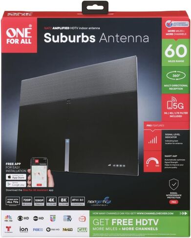 One for All 16472 HDTV 1080p هوائي تلفزيون داخلي مضخم نطاق 50 ميل مع استقبال متعدد الاتجاهات، كابل محوري 8 أقدام ومؤشر مستوى الإشارة - أسود in Kuwait