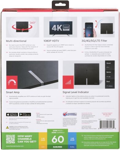 One for All 16472 HDTV 1080p هوائي تلفزيون داخلي مضخم نطاق 50 ميل مع استقبال متعدد الاتجاهات، كابل محوري 8 أقدام ومؤشر مستوى الإشارة - أسود in Kuwait