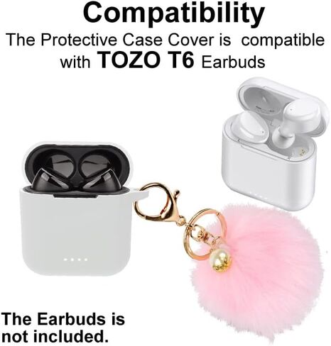 Silicon Case Cover Compatible with TOZO T6 Wireless Earbuds, Protective Skin with Pom Pom Keychain, with Hole for Charging in Saudi Arabia