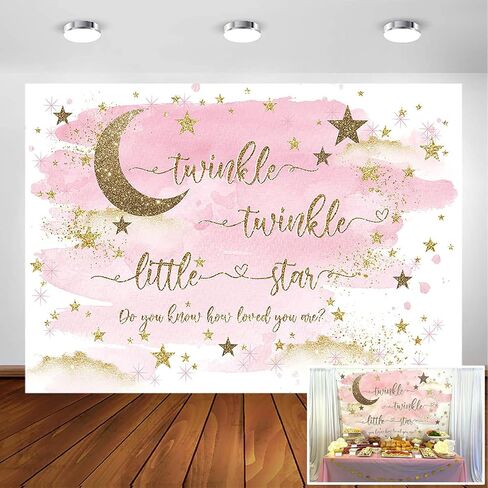 Avezano Twinkle Twinkle Little Star Backdrop for Girl Gold and Pink Twinkle Boy Baby Shower Party Decorations Photography Background Gold Stars and Moon Baby Shower Party Photoshoot Backdrops (7x5ft) in Saudi Arabia