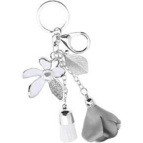Create idea Flower Pendant Keychain Tassel Leaf Key Ring Rhinestone Charm Key Fob Handbag Ornament Key Decoration Gift for Women Girls Zinc Alloy Grey-silver
