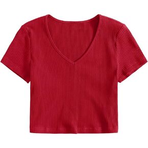 Floerns Women's V Neck Short Sleeve Rib Knit Basic Solid Tee Shirt Crop Top