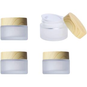 4Pcs 30g Glass Cream Jars,1 oz Empty Sample Jars Cosmetic Containers Pot with Wood Grain Lids for Lotion,Cream,Lip Balm,Eye Cream,Scrubs Creams,Oils Salves,Ointments(Brown)