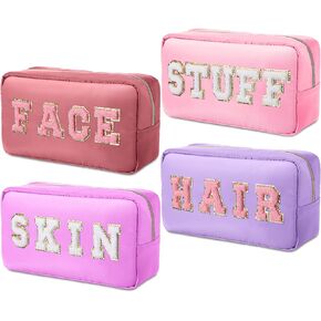 Remerry 4 Pcs Nylon Cosmetic Bag Chenille Letter Cosmetic Pouch Zipper Preppy Makeup Bag Waterproof Hair Bag with Patches Makeup Organizer Bag Set for Women (Pink Gradient, Stuff, Face)