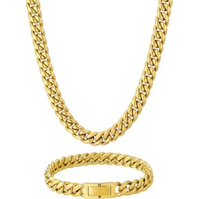 KRKC&CO Mens Hip Hop Jewelry Set, 8mm/10mm/12mm 18k Cuban Link Curb Chains and Bracelets, Solid No Tarnish Necklace, Durable Street-wear Hip Hop Chains for Men