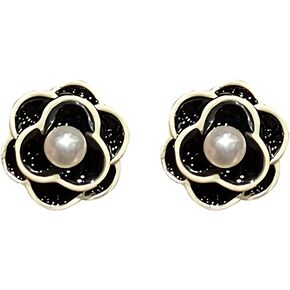 Channel V Vintage Black Rose Earrings Silver Post for Women Black White Flower Small Pearl Earring for Birthday Valentine's Day Gift
