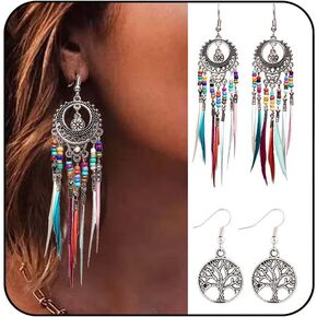 Bohemian Earrings Set Tree of Life Feather Tassel Earrings Silver Hippie Gypsy Dangle Earring Bead Women Teen Girls Jewelry for Birthday Party Gifts