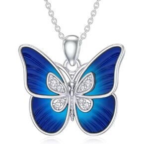 Diamond Butterfly Necklace for Women 925 Sterling Silver Blue Gradient Butterfly Pendant Necklace Diamond Jewelry Gifts for Women Daughter Mom Wife Girlfriend Friends