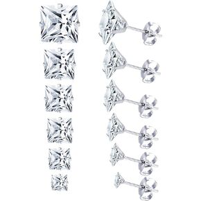 LUXU kisskids 6 Pairs Stainless Steel Stud Earrings Hypoallergenic Cubic Zirconia 316L Earrings Stainless Steel CZ Earrings 3-8mm for Women Girls
