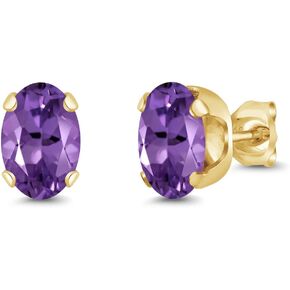 Gem Stone King 18K Yellow Gold Plated Silver Purple Amethyst Stud Earrings For Women (1.50 Cttw, Gemstone Birthstone Oval 7X5MM)