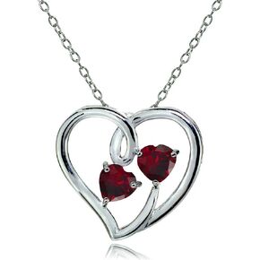 Sterling Silver Double Open Genuine and Created Gemstone Heart Necklace, Available in 5 Colors in Saudi Arabia