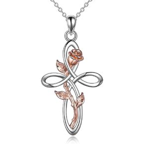 YFN Cross Necklace with Sunflower Rose Flower Sterling Silver Infinity Love Celtic Knot Pendant Necklace for Women