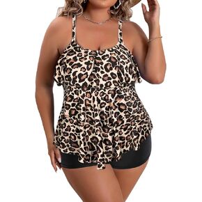 B2prity Women Plus Size Tankini Swimsuits Tummy Control 2 Piece Bathing Suit Ruffled Flounce Swimwear with Shorts(Leopard)