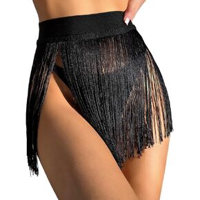 GORGLITTER Women's Fringe Sheer Rave Mini Skirt Beach Tassel High Waisted Swimsuit Coverup Skirts