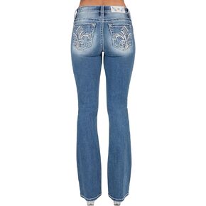 Miss Me Women's Mid-Rise 3D Fleur de Lis Embellished Pockets Bootcut Jeans