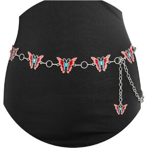 Vaquty Metal Waist Chain Silver Butterflies Handpainted Belly Chain Belt Adjustable Butterfly Pendant Body Chains Jewelry Accessories for Women and Girls