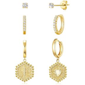 3 Pairs Gold Huggie Hoop Earrings and CZ Stud Earrings Set for Women, 14K Gold Hypoallergenic Plated Initial Dangle Hoop Earrings,Cubic Zirconia Tiny Earrings for Cartilage