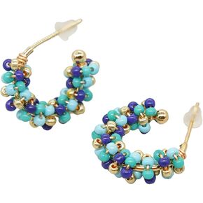 Sonateomber Boho Beaded Open Gold Hoop Earrings for Women Girls, Cute Handmade Small Colorful Seed Beads Bohemia Half Huggies Cartilage Hypoallergenic Stud Prom Holiday Jewelry Gift