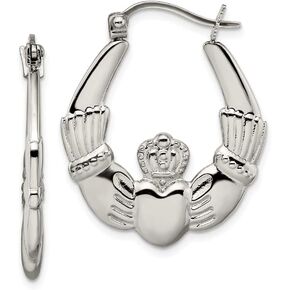 Stainless Steel Celtic Irish Claddagh Hoop Puffed Shrimp Earrings