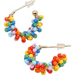 Sonateomber Boho Beaded Open Gold Hoop Earrings for Women Girls, Cute Handmade Small Colorful Seed Beads Bohemia Half Huggies Cartilage Hypoallergenic Stud Prom Holiday Jewelry Gift