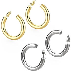 Chunky Gold Hoop Earrings for Women, 14K Silver Hoop Earrings for Women Teen Girls, Gold&Silver
