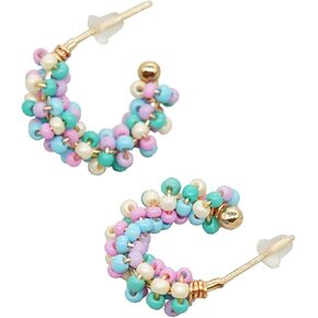 Sonateomber Boho Beaded Open Gold Hoop Earrings for Women Girls, Cute Handmade Small Colorful Seed Beads Bohemia Half Huggies Cartilage Hypoallergenic Stud Prom Holiday Jewelry Gift in Kuwait