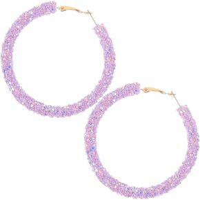 1 Pair Glitter Sequins Hoop Earrings Bohemian Circle Earring Sparkle Rhinestone Wrapped Big Hoop Dangle Earrings Cute Jewelry Gifts for Women Girls Purple