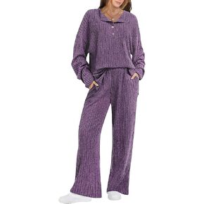FREEYE Women's 2 Piece Outfits 2023 Oversized Sweatsuits Button Down Knit Pullover Matching Lounge Pants Pajama Sets