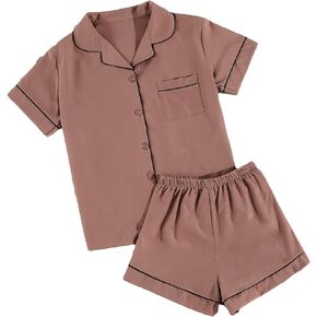 Floerns Women's 2 Piece Button Front Short Sleeve Top and Pajama Shorts Set
