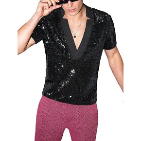 WDIRARA Men's Contrast Sequin Deep V Neck Top Short Sleeve Solid Party Tee Shirt