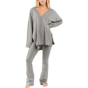 Womens 2Two Piece Outfit Oversized Workout Reversible Long Sleeve Top Flared Legging Lounge Set Tracksuit(LightGrey-L) in Saudi Arabia