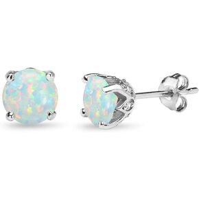 Sterling Silver Genuine or Synthetic Gemstone 6mm Round-cut Crown Stud Earrings for Women Girls