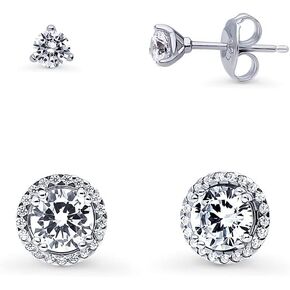 BERRICLE Sterling Silver Halo Round Cubic Zirconia CZ Solitaire Anniversary Stud Earrings for Women, Rhodium Plated, 2 Pairs