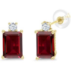 Gem Stone King 10K Yellow Gold Red Garnet Earrings For Women (4.00 Cttw, Gemstone Birthstone, Emerald Cut 8X6MM)