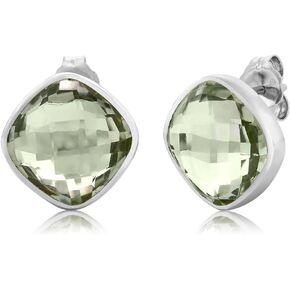 Gem Stone King 925 Sterling Silver Green Amethyst Stud Earrings For Women (12.00 Cttw, Cushion Cut 12MM)