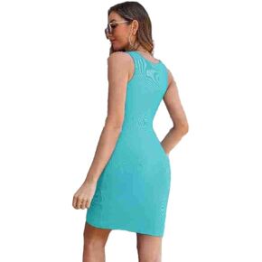Zeflows Womens Square Neck Sleeveless Dress Solid Color Wrap Buttocks Casual Pit Striped Dress