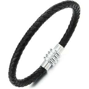 COOLSTEELANDBEYOND Mens Women Thin Black Braided Leather Bracelet Genuine Leather Bangle Wristband with Magnetic Clasp