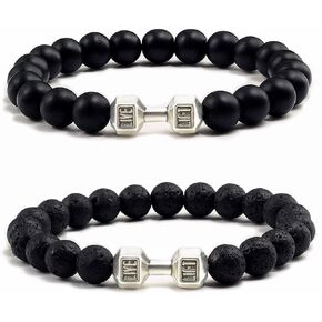 2PCS Dumbbell Bracelet for Man Gym Bracelet 8mm Lava Natural Stone Stretch Beads Bracelet with Dumbbell Weight Bracelet Fitness Barbell Bracelet for Men