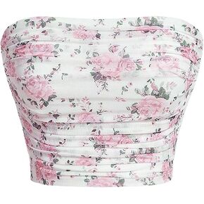 MakeMeChic Women's Boho Ditsy Floral Print Crop Tube Top Ruched Sleeveless Slim Fit Cropped Bandeau Cami Top