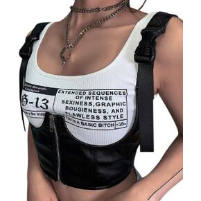 Women's PU Leather Bustier Crop Top Gothic Punk Buckle Tank Tops Camisole Corset for Club Party Festival Rave Outfit