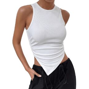 SweatyRocks Women's Casual Round Neck Asymmetrical Hem Ruched Slim Fit Crop Tank Top