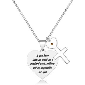 Uloveido Stainless Steel Heart Pendant Christian Faith Mustard Seed Bible Scripture Lettering Necklaces Religious Gift