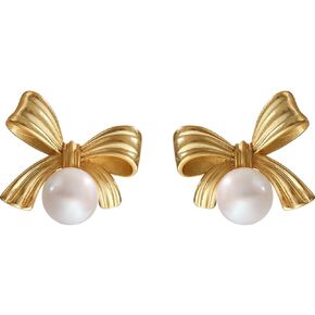 Gold Bow Knot Stud Earrings for Women Girls Sterling Silver Handpicked Freshwater Cultured Pearl Earrings 14K Gold Plated Wedding Studs Christmas Jewelry